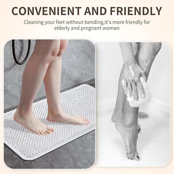 Yolife Shower Foot Scrubber Mat, Anti-Slip Bath Mat with Scrub Bristles, Soft Shower Foot Massager with Strong Suction Cups for Soothe Achy Feet (White, 27.5" x 15.7")
