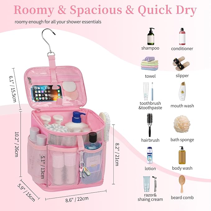CUBETASTIC Shower Caddy Portable Mesh Shower Tote for Bathroom, Gym, Travel, Camping - Quick Dry Hanging Organizer Toiletry Bag with Handle for College Dorm Room, Men & Women