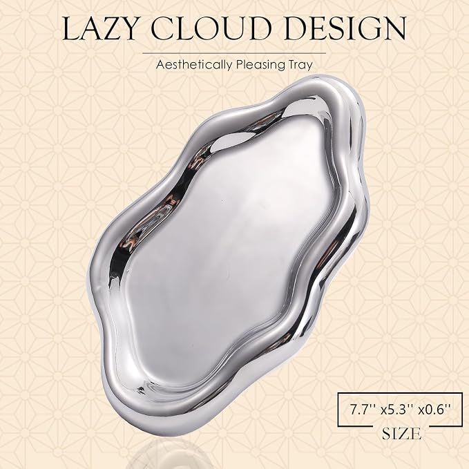 CCINPPY Ceramic Jewelry Tray Trinket Dish, Decorative Cloud Vanity Key Tray for Women, Ring Holder Dish, Cute Jewelry Plate Bowl Room Decor Aesthetic, Silver, Medium