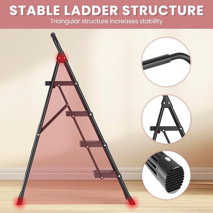 TOOLF 4 Step Ladder Folding Step Stool with Handrail, Heavy Duty Steel Ladder, Anti-Slip Wide Steps, Safe Lock, Portable Ladder for Home Kitchen Garage, Black