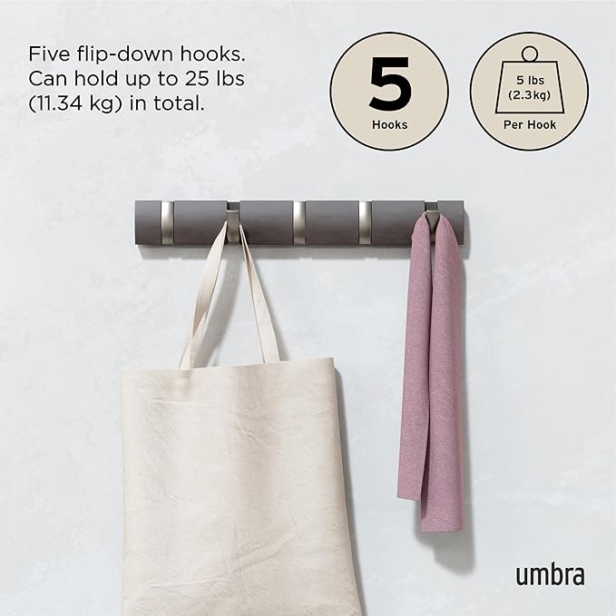 Umbra Flip Wall-Mounted Coat Rack with 5 Hooks – Modern, Space-Saving Storage for Hats, Jackets, Bags, Entryway, Mudroom, Closet, Bathroom, Bedroom – Driftwood/Nickel
