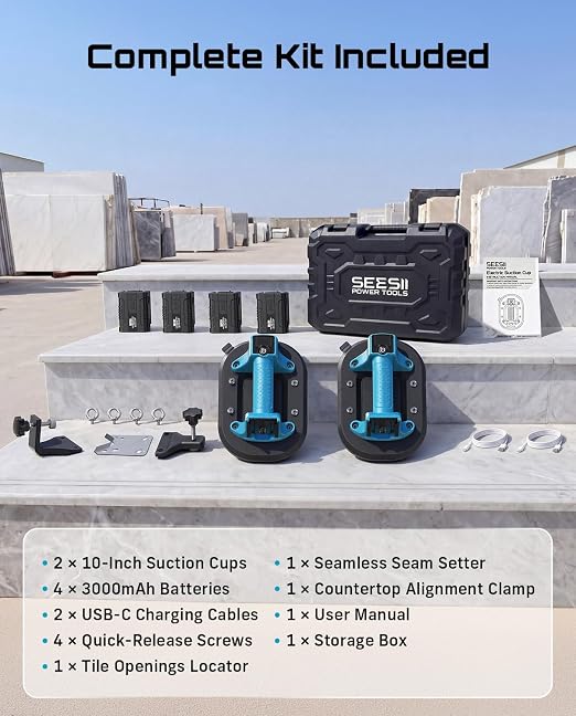 SEESII 4-in-1 Electric Suction Cups for Tile Lifting, Drill, Seam & Leveling: 10" Large Glass Suction Cup, Heavy Duty Vacuum Lifter with 280KG/617LBS Max Load, 4X 3000mAh Batteries, Digital Display