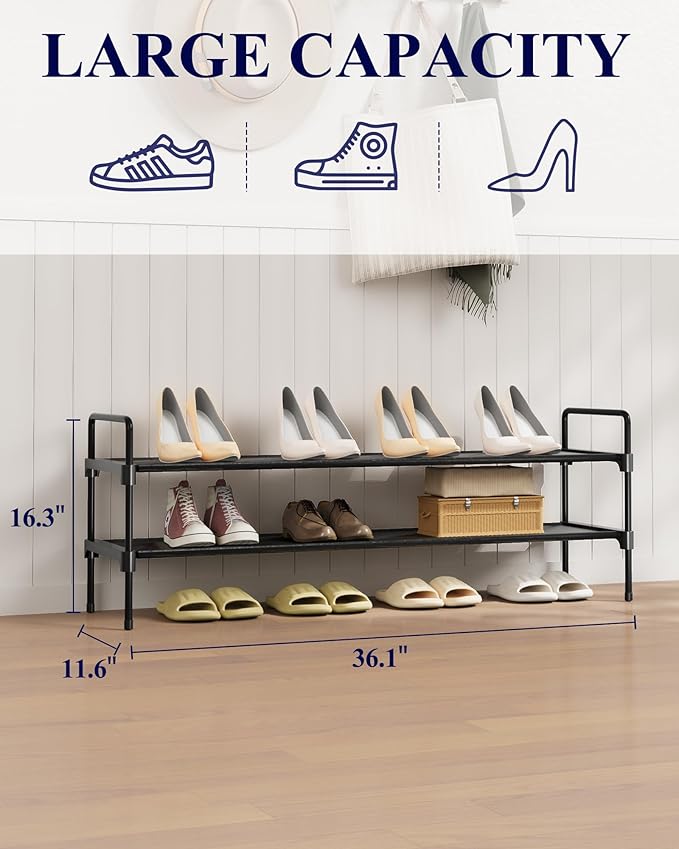 Kitsure Shoe Rack for Closet, Shoe Organizer for Front Door Entrance, Stackable Shoe Shelf, Detachable Closet Organizers and Storage, 36.1" Wide - 2 Tiers, Black