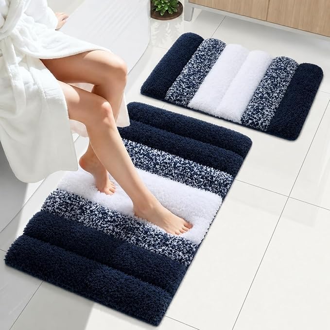 XIYUNTE Thick Bathroom Rug Set of 2 Piece, 32"x20"+24"x16" Extra Soft Microfiber Blue and White Bath Rugs, Quick Dry Super Absorbent Rubber Backing Non Slip Washable Bath Mats for Floor Tub Shower