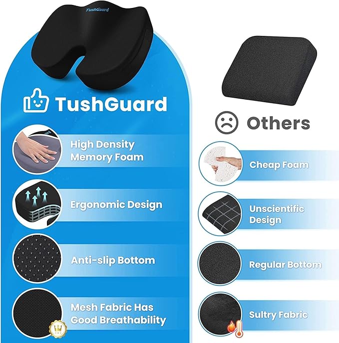TushGuard Seat Cushion for Office Chair Memory Foam Non-Slip Cushion Back, Relief Chair Pad, Butt Pillow for Office, Car, Computer Desk, Black, X-Large