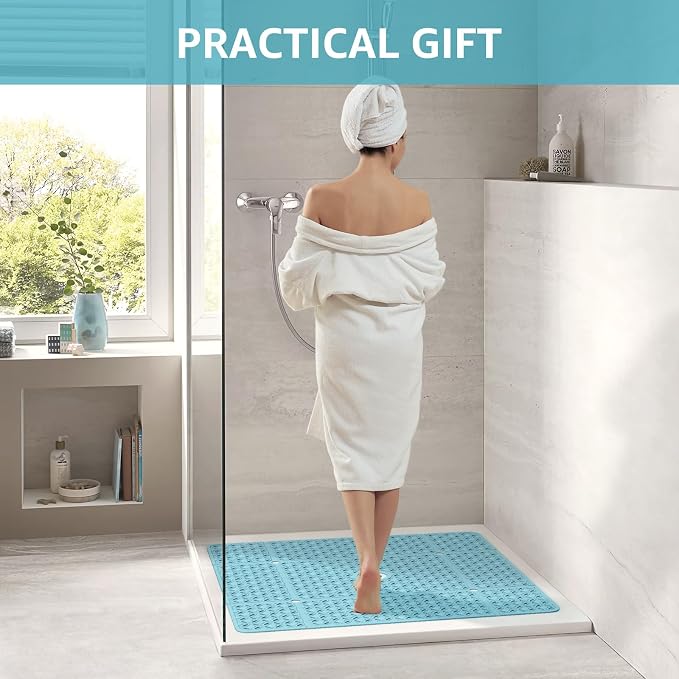 OTHWAY Square Shower Mat, 27"x 27" Extra Large Shower Mats for Inside Shower, TPE Anti Slip Shower mat with Suction Cups Drain Holes, Machine Washable Shower Floor Mat (Blue)
