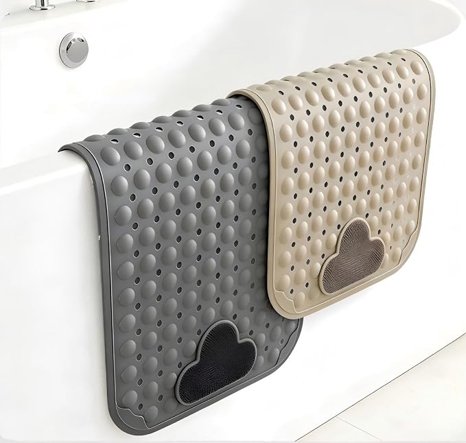 Bathtub Anti-Slip Mat Shower Mat with Suction Cups Drain Hole Foot Massage Bathroom Floor Mat 28x16 Inch (Khaki)