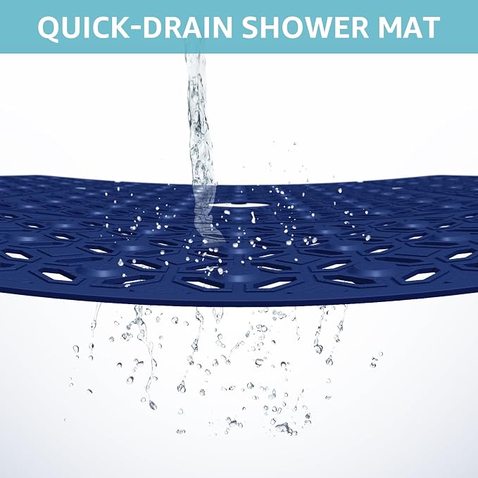 OTHWAY Square Shower Mat, 27"x 27" Extra Large Shower Mats for Inside Shower, TPE Anti Slip Shower mat with Suction Cups Drain Holes, Machine Washable Shower Floor Mat (Navy Blue)