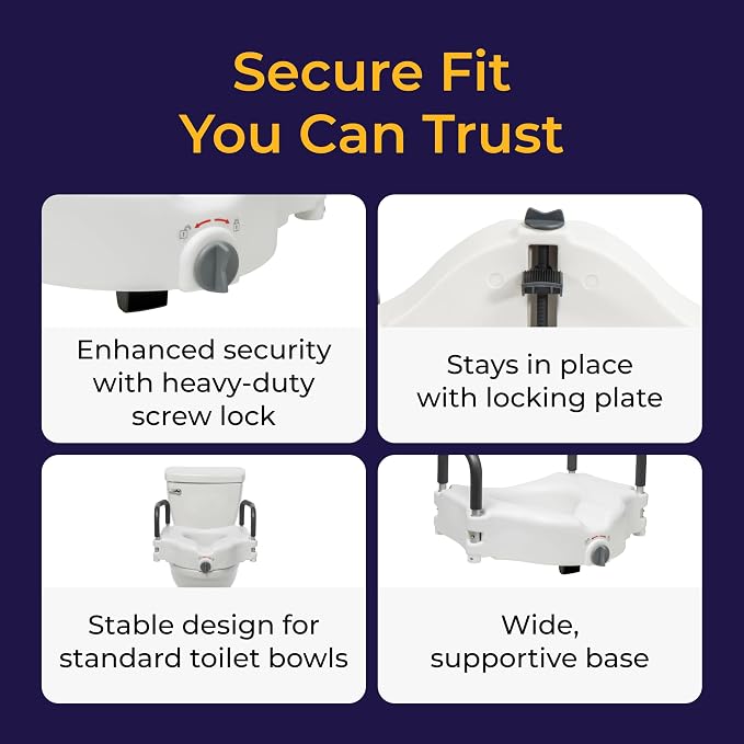 Drive Medical 2-in-1 Raised Toilet Seat with Removable Padded Arms - Elevated Bathroom Safety Support - Secure Locking Attachment - Easy Height Assistance - Durable Construction, Standard Toilets
