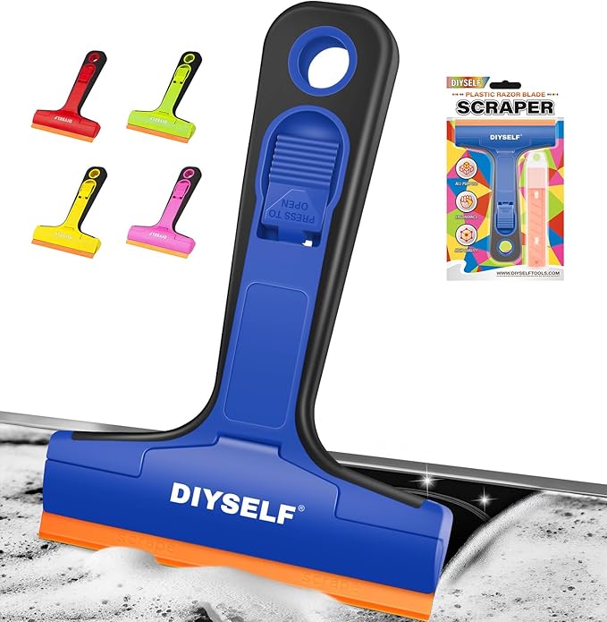 DIYSELF Plastic Razor Blade Scraper, 1 Pack Plastic Scraper Tool with 5 Pcs 4-Inch Plastic Razor Blades, Sticker Remover Tool and Decal Remover for Glass, Window, Labels, Adhesive, Cooktop, Tile