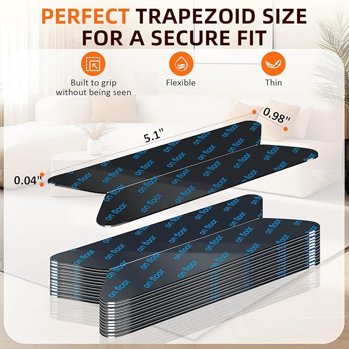 Rug Grippers 24PCS, Trapezoid Non Slip Rug Pads, Reusable Washable PU Carpet Tape, Strong Adhesive Rug Corner Tape for Hardwood Floors Tile Laminate Marble, Black