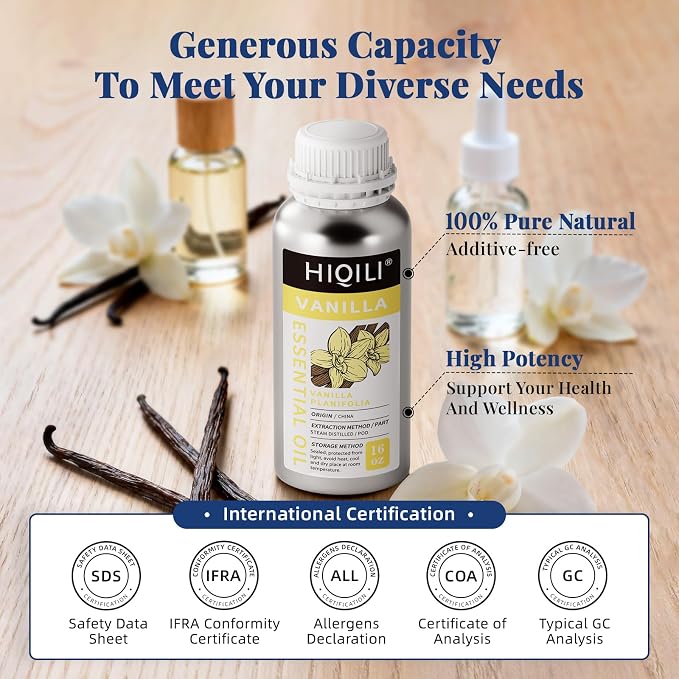 HIQILI 16 Ounces Vanilla Essential Oil, Strong Fragrance for Body Lotion, Candle Making, Soap, Aromatherapy -16 Fl Oz