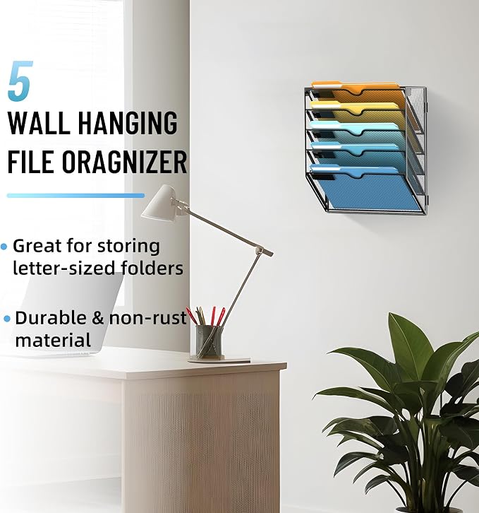 SUPEASY 5-Tier Wall File Holder Organizer with Hooks, Mesh Hanging File Organizer, Mail Organizer Wall Mounted for Papers, Folders, Office Magazine Rack, Black, 2Pack