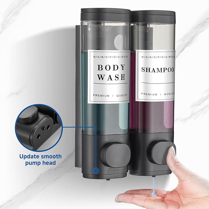 Shampoo and Conditioner Dispenser Shower Dispenser Body Wash Wall Mounted Shampoo Dispenser for Shower Wall No Drill for Bathroom Hotel 2 Chamber x 300ml Black with Waterproof Labels