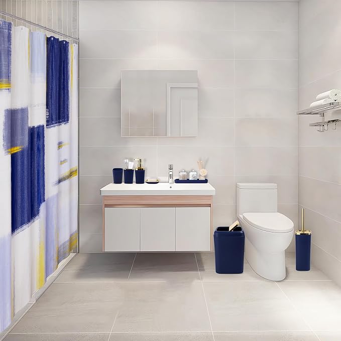 XLHOMO Blue and Gold Bathroom Accessories Set, Bathroom Sets with Shower Curtain, Blue Bathroom Accessories with Trash Can, Soap Dispenser, Soap Dish, Toilet Brush Holder, Qtip Holders for Bathroom