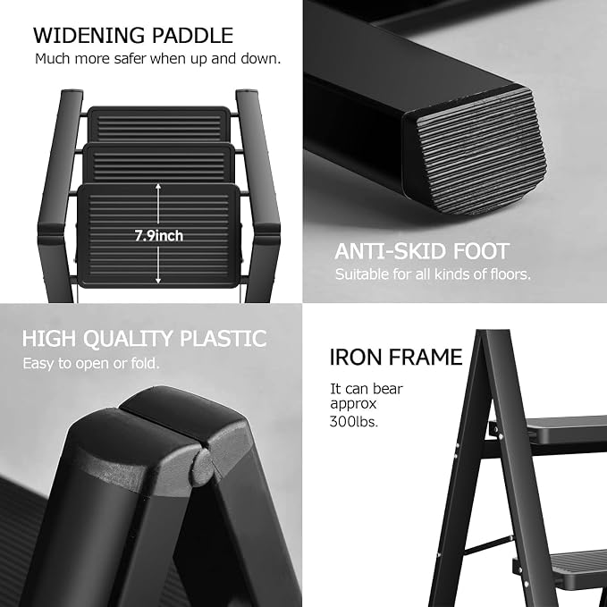 SOLADDER Step Ladder 3 Step Folding, Small Step Stool for Adults, Portable Anti-Slip Iron Stepladder with Wide Pedals for Home and Kitchen Use, Space Saving - Black (300 lbs)