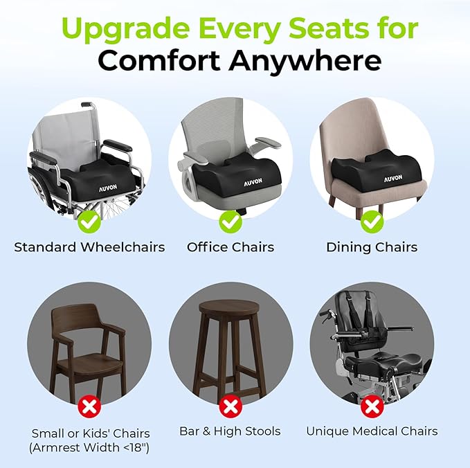 AUVON Anti-Slip Wheelchair Cushions with Front High Rear Low & Hump Design, Ergonomic Seat Cushion to Optimize Sitting Posture, Chair Cushions Relieve Sciatica, Back, Pressure Sore & Ulcer Pain