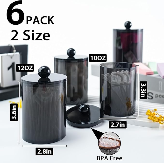XIPENGKEJI 6 Pack Qtip Holder,Canister Apothecary Jar Set, Bathroom Jars with Lids Set for Cotton Swabs, Balls, Pads, Floss Picks,10oz-12oz Plastic Canisters Restroom Bedroom Vanity Organizer(Black)