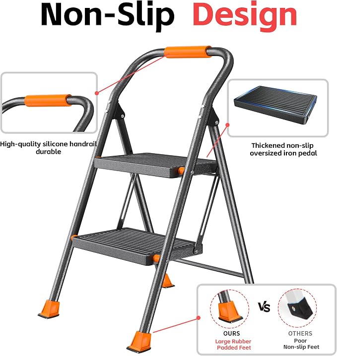 Step Ladder Foldable Folding Stool - for Home Adults Kitchen 2 Stepping Extension Tall Heavy Duty with Handrails - Closet Stepstool Stair Ladders Extendable Stepladder for Indoor House 600Lbs
