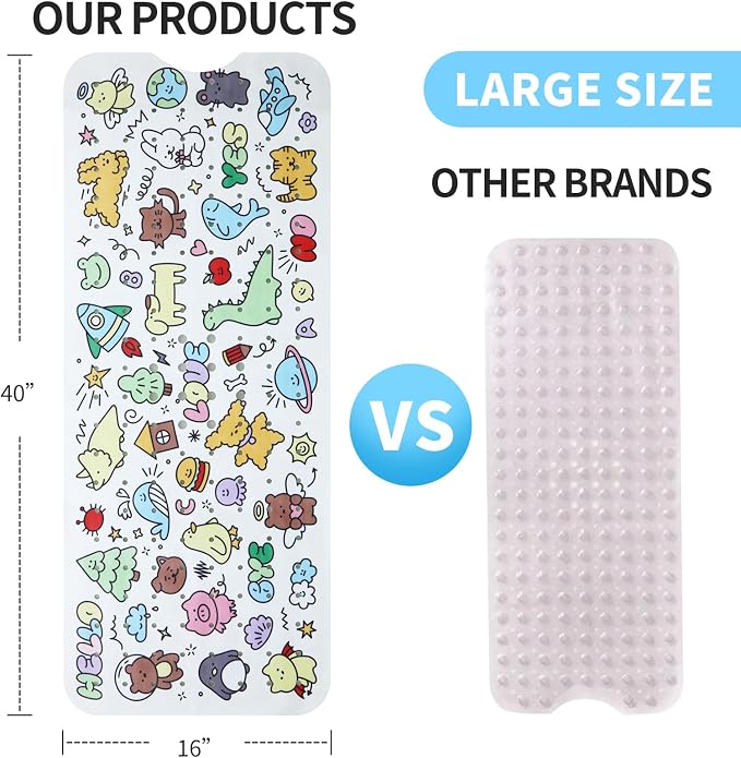 Baby Bath Mat for Tub Non Slip Kids Bathtub Mat Extra Long 40X16 Inch Toddler Bath Tub Shower Mat Anti Slip with Suction Cups & Drain Holes, Machine Washable (Cartoon)