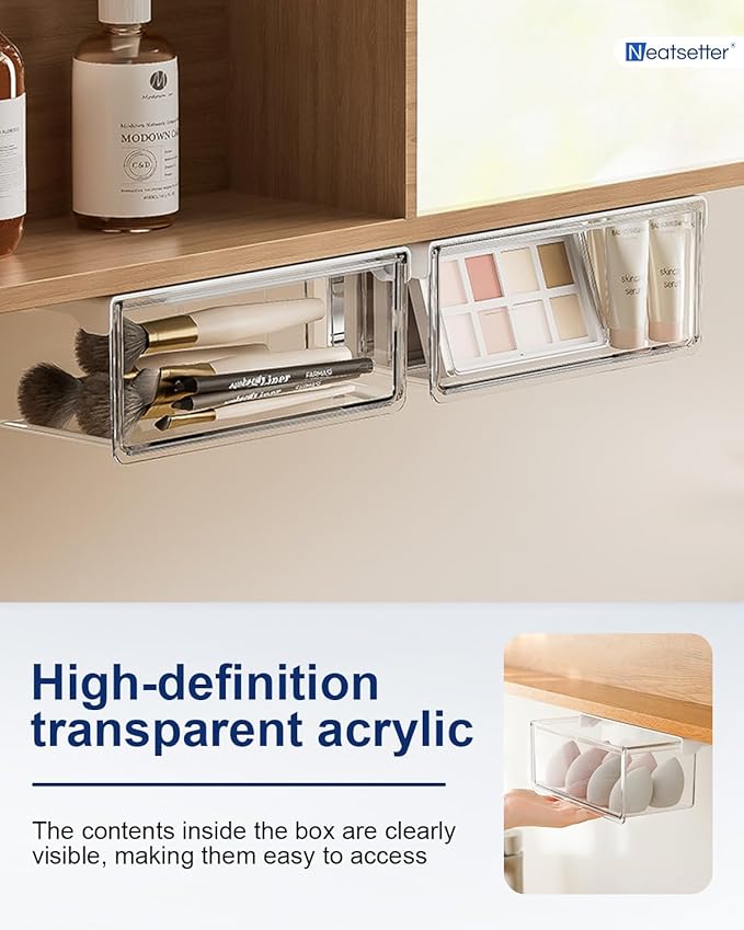 Hanging Cabinet Organizer – 33° Tilted Under Desk Drawer & Bathroom Storage – Self-Adhesive Clear Pull-Out Bins for Kitchen, Office & Vanity (Large)