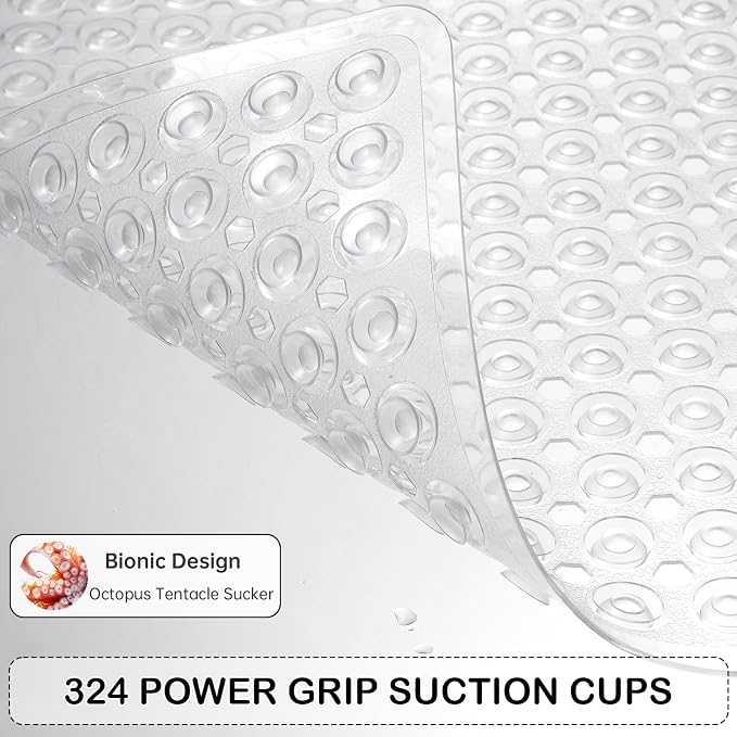 Non-Slip Bathtub and Shower Mats, Power Grip Bath Mat 35 x 16.3 Inch with Suction Cups and Drain Holes for Tub Bathroom Floor Safety, Machine Washable Soft Bathmat, Clear