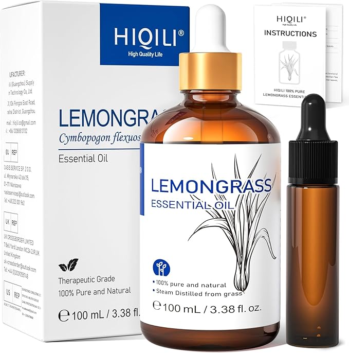 HIQILI Lemongrass Essential Oil, 100% Pure Natural Undiluted Premium Oils - 3.38 Fl. Oz