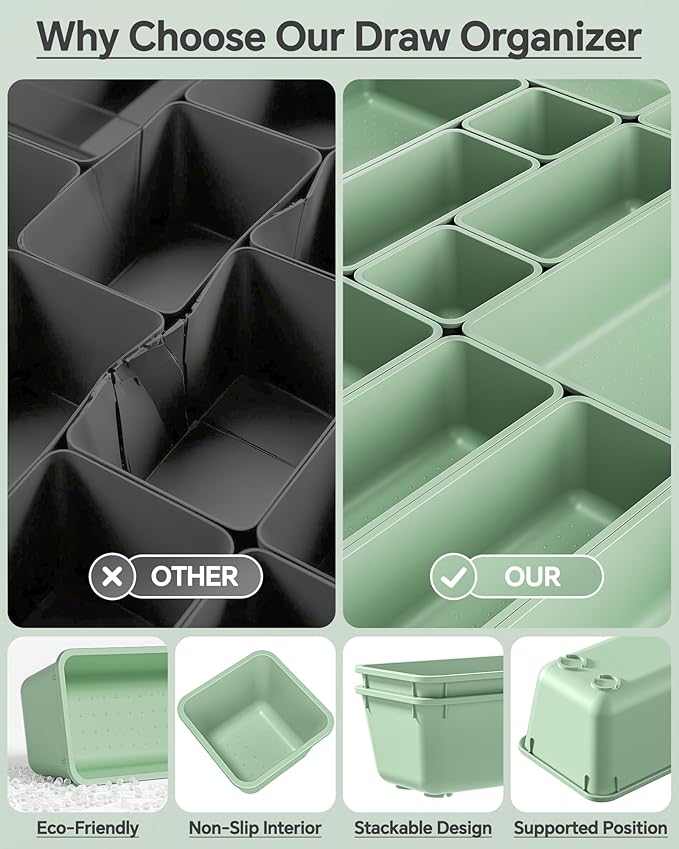 KEMETHY 25 PCS Plastic Drawer Organizers Set, 4 Sizes Vanity Organizer, Makeup and Desk Drawer Organizer Trays, Organization and Storage for Makeup, Bathroom, Kitchen Utensils and Office (Green)