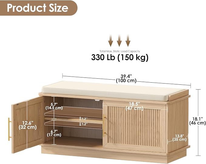 Akxomel Fluted Shoe Storage Bench with Cushion, 39.4" Entryway Bench with Adjustable Shelves and 2 Doors, Shoe Cabinet Bench with Curved Profile, for Hallway, Living Room, Bedroom, Natural Oak