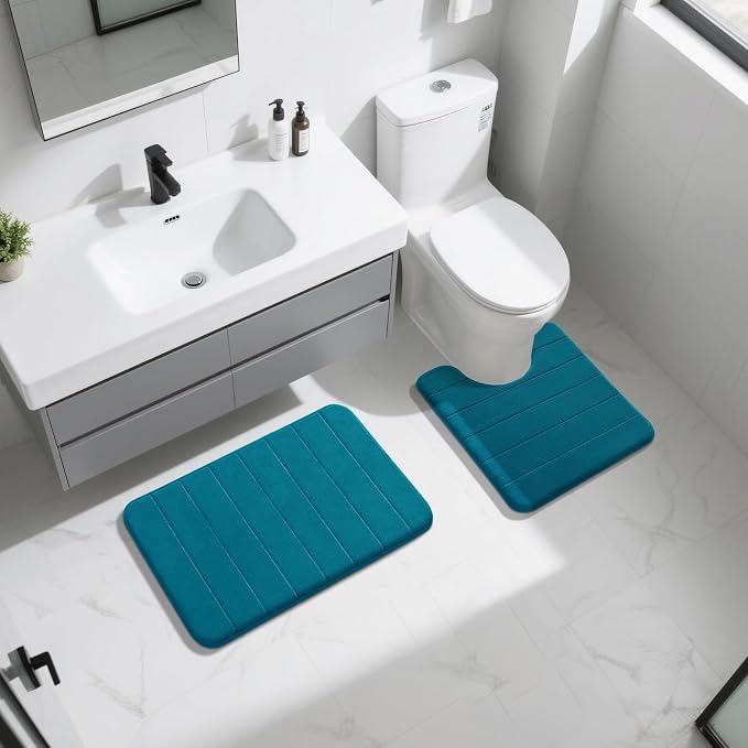 Yimobra Memory Foam Bath Mat Set 2 Piece - Super Soft Absorbent Quick Dry Bathroom Toilet Rugs, Machine Washable Non Slip Floor Carpet for Tub Shower & Single Sink (31.5x20 & 24x20, Peacock Blue)