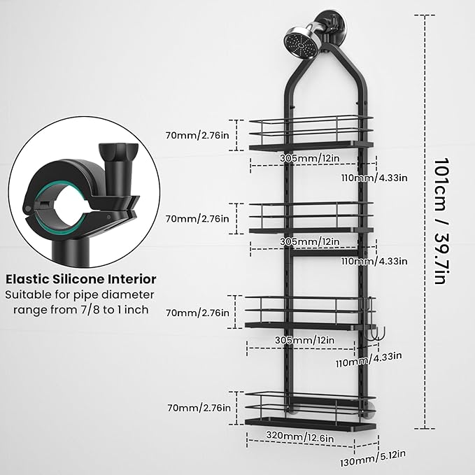 Shower Caddy Hanging (Black), Adjustable Anti-Swing-Over The Shower Head Caddy, 4 Tier Stainless Steel Bathroom Storage Organizer Bathroom Shelves Basket Rack Shower Caddies (4Tier)