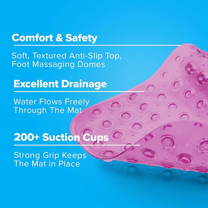 SlipX Solutions Power Grip Extra Long Bath Tub & Shower Mat 39x16, Wet Floor Non-Slip for Elderly & Kids Bathroom, 30% Longer Bathtub Mats, 200 Suction Cups, Drain Holes (1, Translucent Pink)