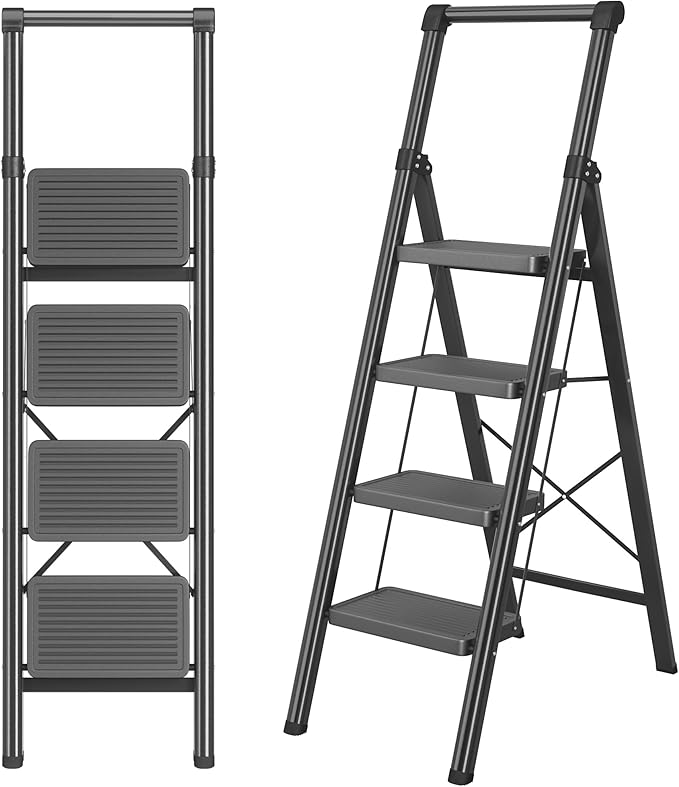Foldable Step Ladder Stool for Home,4 Step Stool with Wide Anti-Slip Pedal, Heavy Duty 600Lbs Ladder for Indoor Kitchen Closet Stair Use, Black