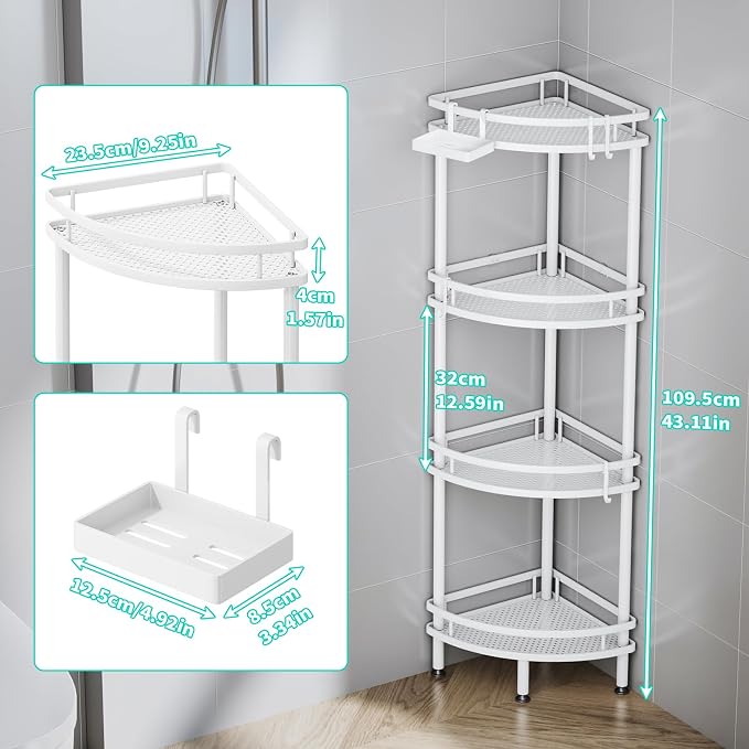 HapiRm Standing Corner Shower Caddy - 4 Tier Shower Organizer Corner with Soap Holder and 4 Hooks, Rustproof Bathroom Storage Shelves with Adhesives, White