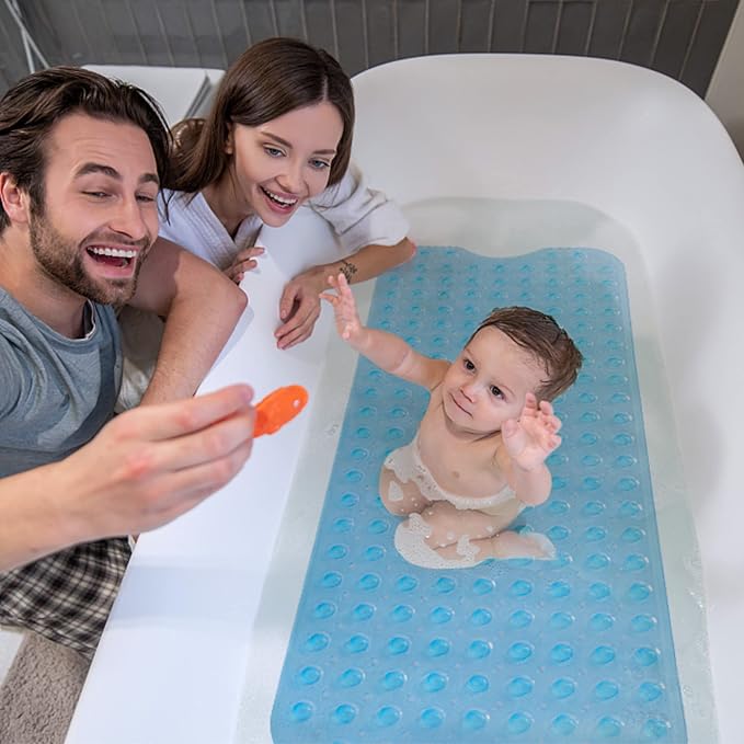 ROSMARUS Shower Mat Extra Long 16” x 39” Non-Slip Bath Mat for Tub with Suction Cups and Drain Holes Bathtub Mats for Kids, Baby, Bathroom Shower Floor Mat Anti Slip Bathtub Accessories, Blue