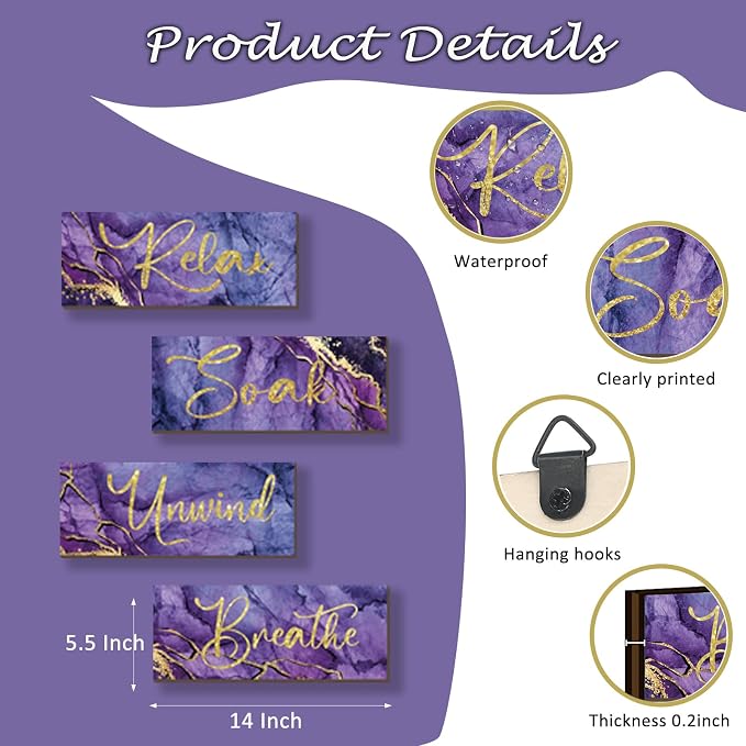 ONIZHITY 4 Pcs Purple and Gold Bathroom Decor Large Relax Soak Unwind Breathe Wooden Sign Rustic Marble Style Bathroom Accessories for Bedroom Living Room Wall Decor(Purple Gold 14X5.5 Inches)