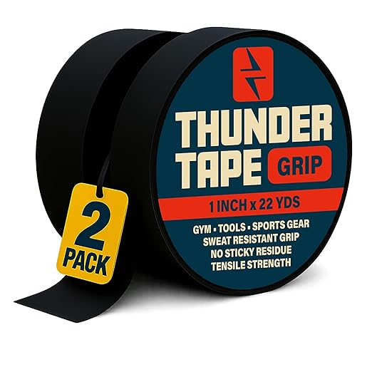 Thunder Tape 2 Pk Grip Tape - Cloth Grip Tape for Pull Up Bars, Sports, Tools, Handles, Bats, Rackets, Gym Equipment, Wire Wrap - No Residue, Sweat Resistant, 1 Inch x 66 Feet Each Roll - Black