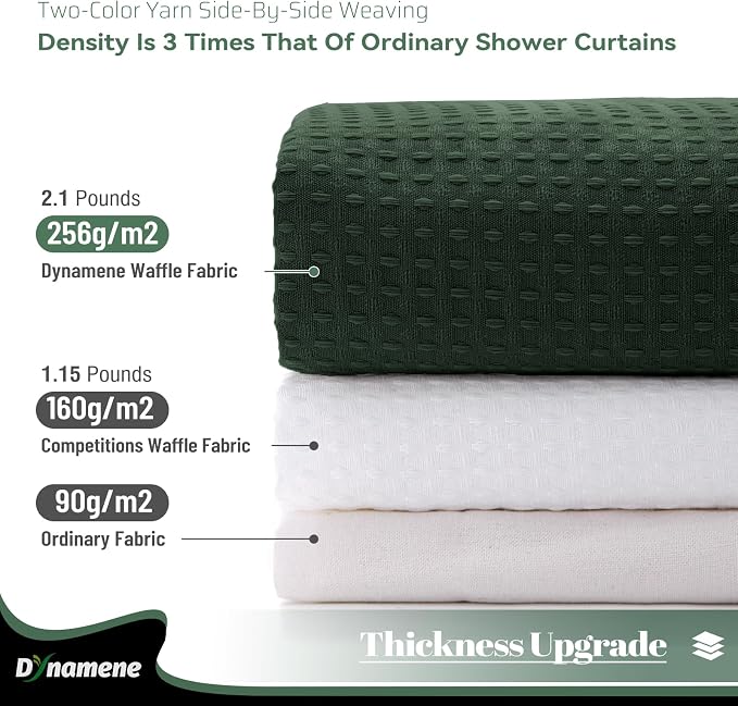 Dynamene Long Fabric Shower Curtain - Waffle Textured Tall Heavy Duty Cloth Shower Curtains for Bathroom, 256GSM Large Hotel Spa Luxury Bath Curtain Set with 12 Plastic Hooks(72Wx80H, Dark Green)