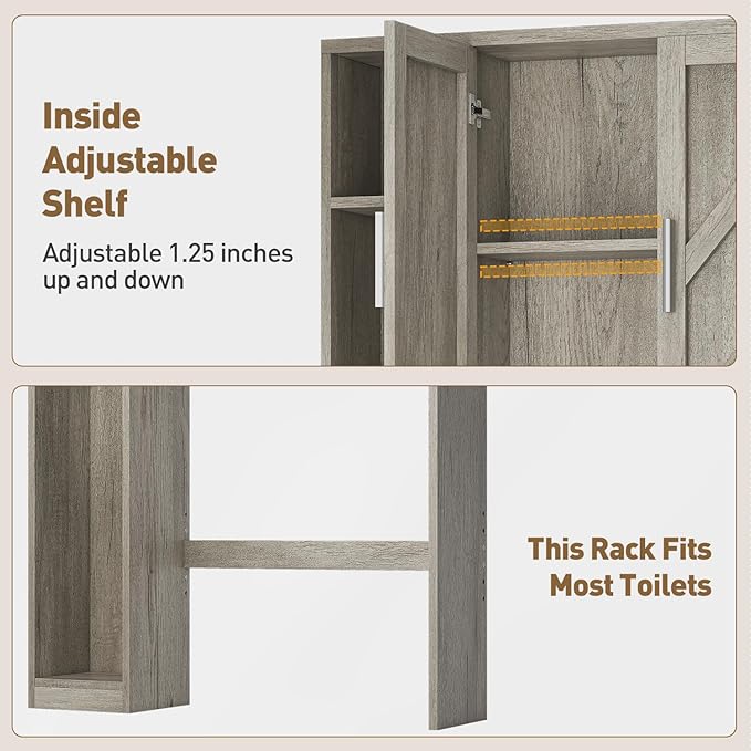Over The Toilet Storage Cabinet with 7 Storage Shelves, Above Toilet Bathroom Organizer with Toilet Paper Holder Stand, Behind Toilet Cabinet, Space Saver for Restroom, Bathroom, Laundry, Grey
