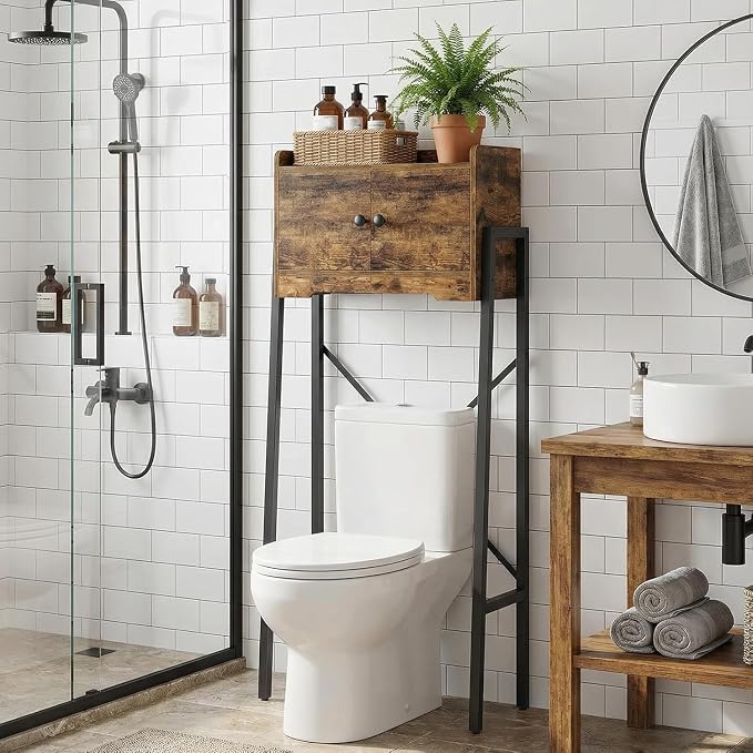 YATINEY Over The Toilet Storage Cabinet, Freestanding Above The Toilet Storage Cabinet, Over The Toilet Storage Rack with X-Shaped Back Support, for Bathroom, Laundry, Rustic Brown and Black TR04BR