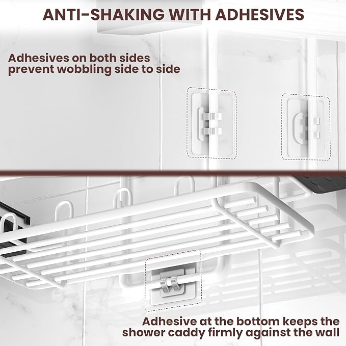 REINHARDT Shower Caddy Hanging, Rustproof Shower Caddy Anti-Swing Shower Organizer No Drilling Showers Racks with Soap Holder Multi Hooks Bathroom Storage for Shampoo Sponge, White