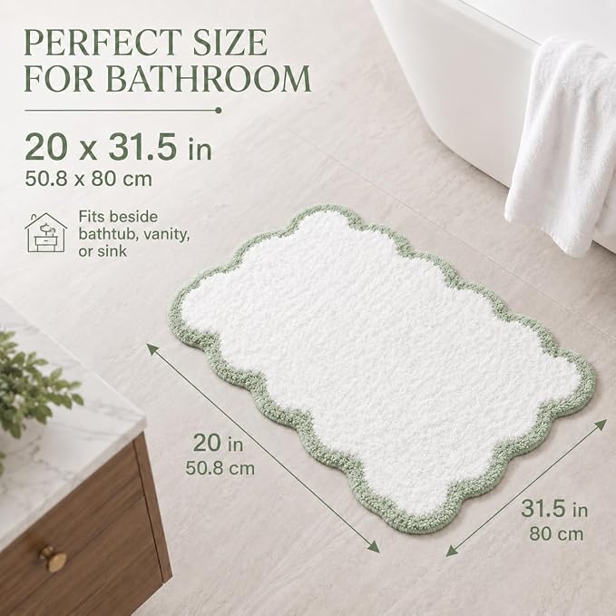 Scalloped Sage Green Bath Rug, Cute Bathroom Rug, Soft Absorbent Quick Dry Bath Mat, TPR Non Slip Backing, Microfiber Mat for Shower Tub Sink Vanity 20" x 31.5"