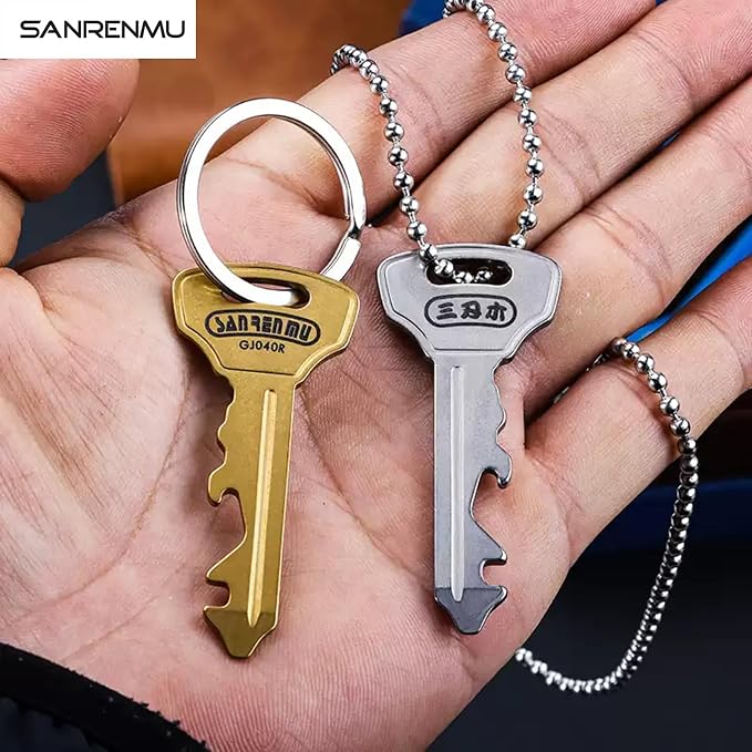 Sanrenmu Keychain GJ040 Pry Bar Multi Tool with Bottle Opener Screwdriver Wheel Spoke Wrench Function Stainless Steel Small Keychain (Blue)