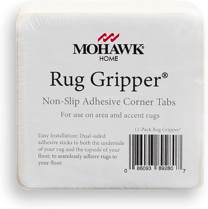 Mohawk Home Non Slip Corner Gripper Area Rug Tabs 12 Pack Anti Curling Double Sided Adhesive 4-inch x 4-inch Square