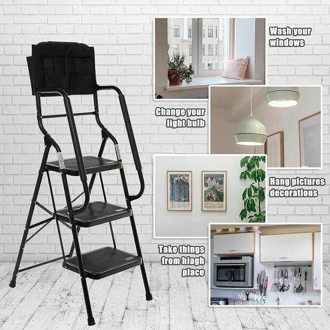 Wiberwi 3 Step Ladder with Handrails 500 lb Capacity Step Stool Folding Portable Ladders for Home Kitchen Steel Frame with Non-Slip Wide Pedal Stepladder with Attachable Tool Bag Black