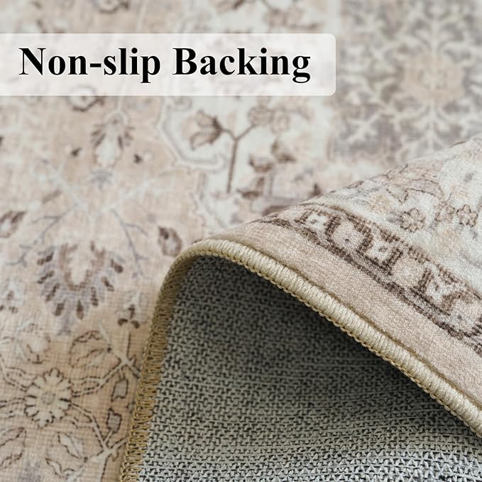 Living Room 8ft Square Area Rug: Machine Washable Large Vintage Soft Rug Stain Resistant Non Slip Floor Carpet for Bedroom Playroom Indoor Farmhouse Home Decor Mat for Office Dining Room(8x8,Beige)