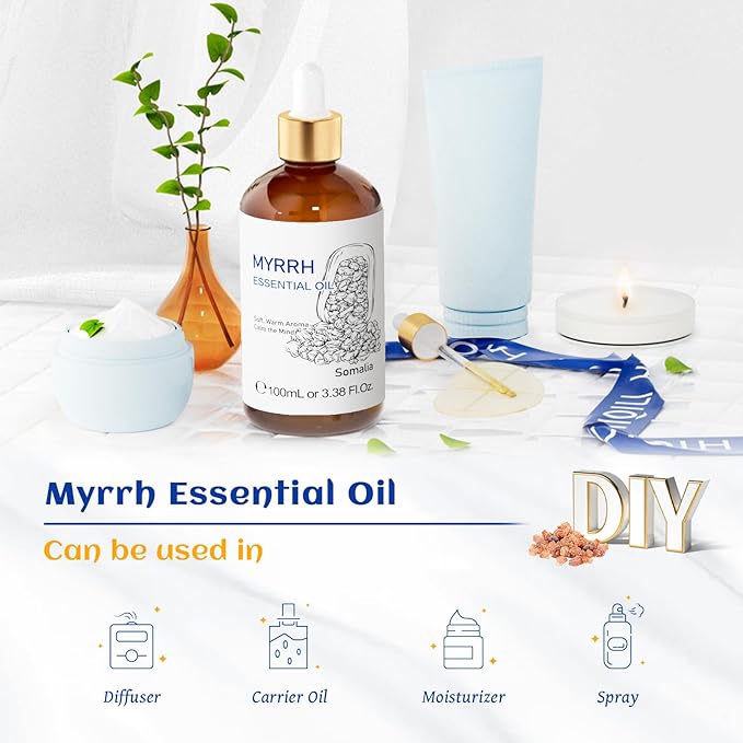 HIQILI 100ML Myrrh Essential Oil for Skin, Diffuser & Candle, 100% Pure and Natural - 3.38 Fl Oz