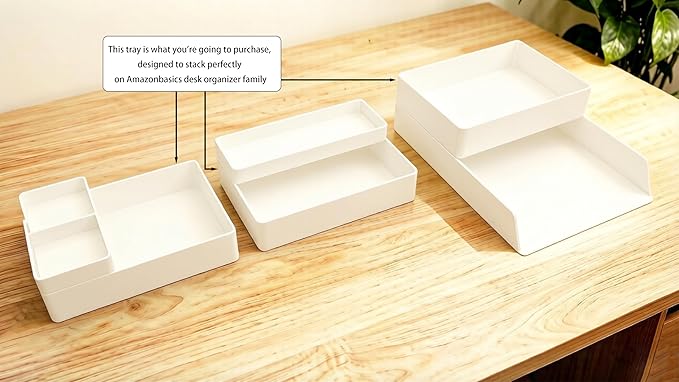 Amazon Basics Rectangular Plastic Desk Organizer with Storage Trays, Accessory Tray, Drawer Organizer, 9.4 x 6.7 x 2 inch, White