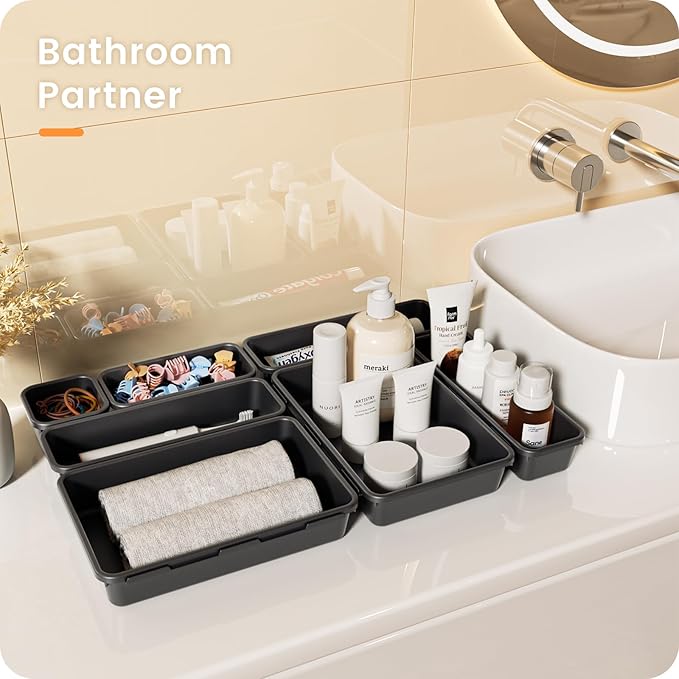 A-LuGei 【Military Grade Drawer Organizer, 【𝟱𝗦𝗶𝘇𝗲】 Makeup organizer, 【Holds 177 Items】 Bathroom Organizers and Storage, Organization and Storage, Desk Drawer Organizer for Vanity (Black)