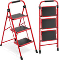 Urackify Step Ladder, 3 Step Ladder with Anti-Slip and Wide Pedal, Portable Foldable Step Stool with Handgrip, Sturdy Step Ladder for Home Kitchen Household, Red